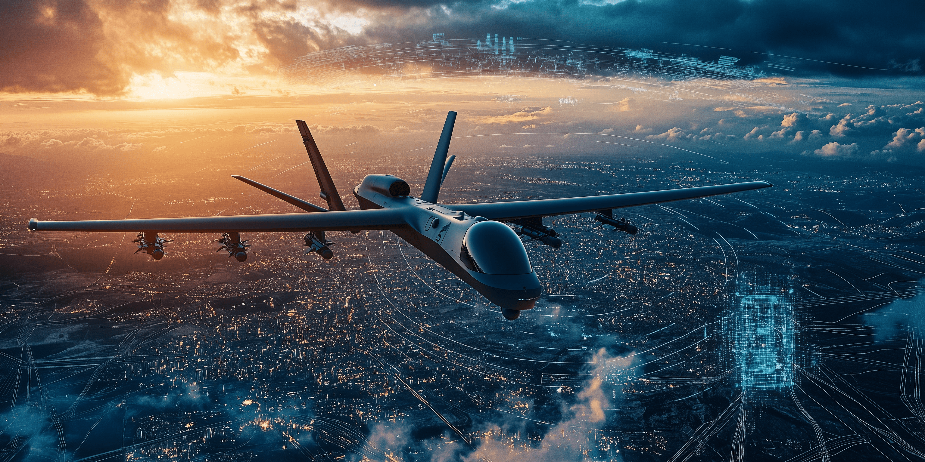 Unmanned drone soaring over a city at sunset