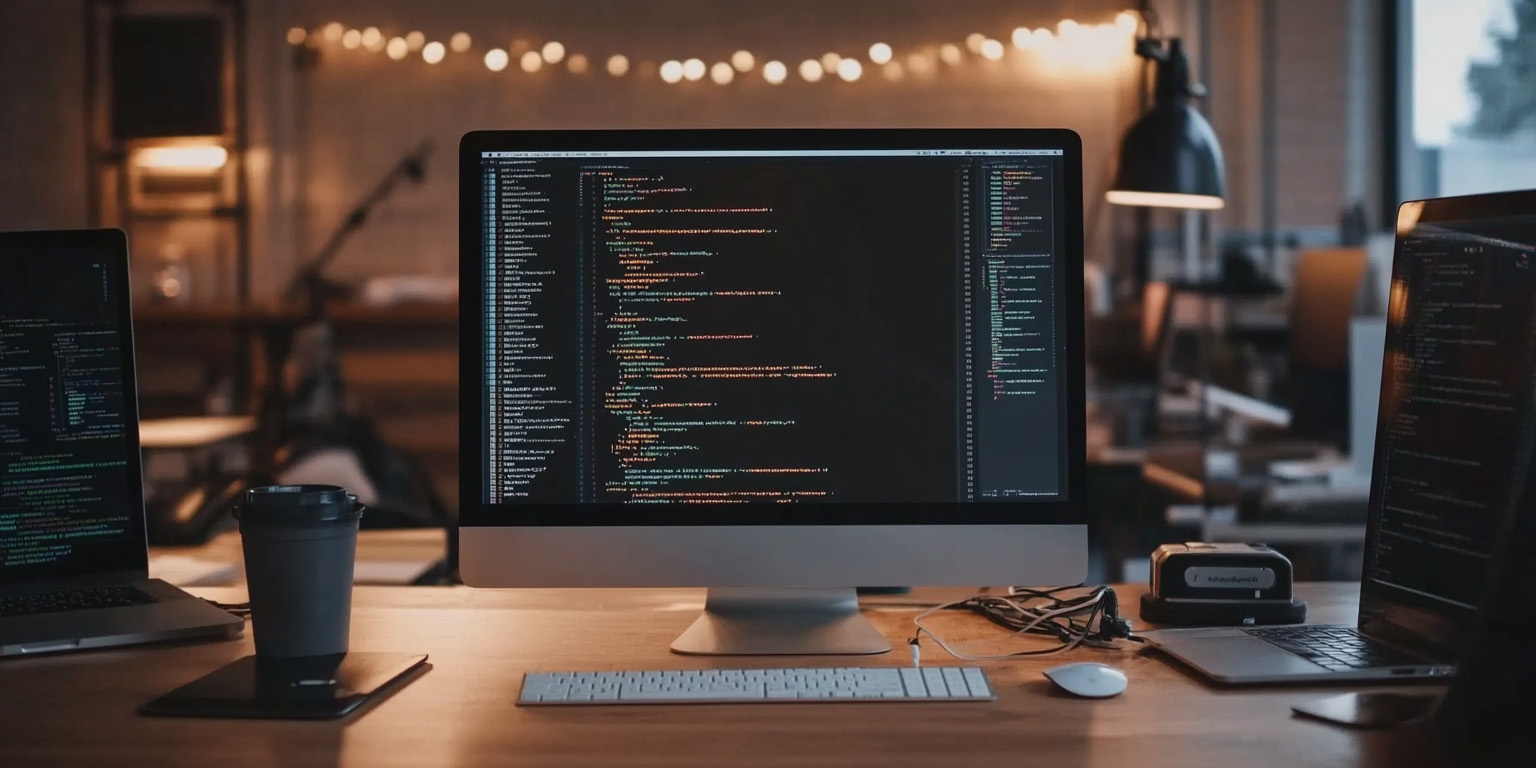 Lines of code on an iMac in a cozily lit work environment